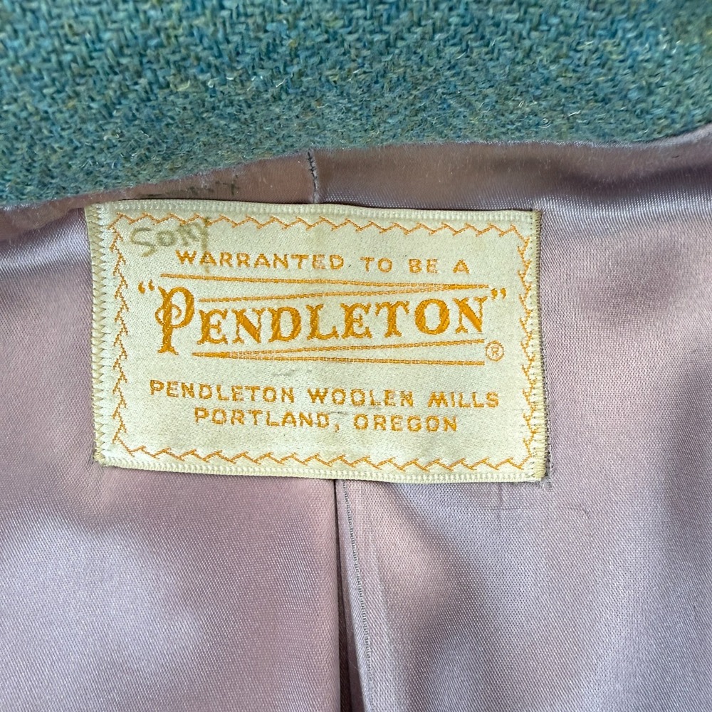 VTG 1950s Pendleton Wool Long Trench Coat Womens M Green Peter Pan Collar Plaid - Picture 8 of 14